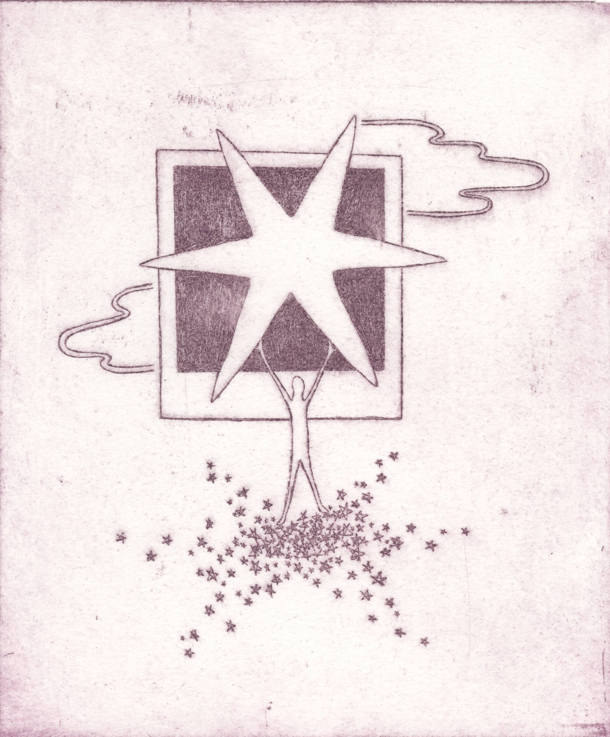 Image of a print by Paloma Havlik of a small cartoon person holding up a large star in front of a blank polaroid picture, standing on top of many tiny stars.